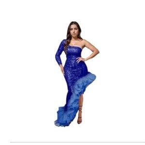 Elegant Blue Sequin Long Sleeve Evening Dress